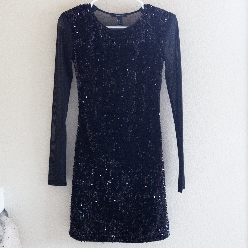 Forever 21 Sequenced Black Mini Dress w/ Mesh Back